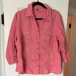 Pink Linen Embroidered Shirt Floral Embroidered Linen Button Up Shirt